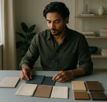 A photography shot of an interior design studio. A professional South Asian / Indian designer is examining fabric swatches and wood samples on a light blue-grey table. The mood is focused and inspiring, emphasizing a refined aesthetic.