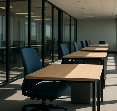 Clean photography of a modern Indian corporate office layout. Ergonomic medium blue chairs are tucked into sleek desks, with natural sunlight streaming through large glass partitions. The mood is professional, sophisticated, and calm.