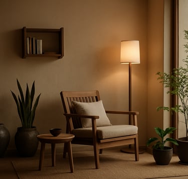A serene, modern Zen-inspired home interior in South Asia, featuring minimal wooden furniture, a cozy reading nook, indoor plants, soft warm lighting, calm and refined elegance, photography.