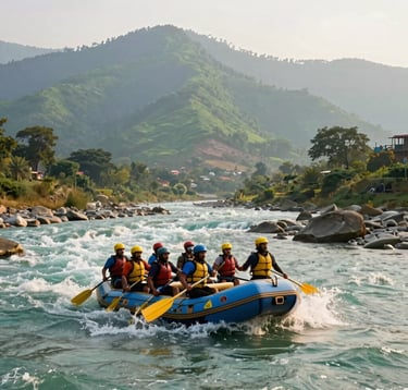 An action-filled, high-quality photograph of tourists white-water rafting on the turquoise waters of the Ganga River in Rishikesh. The raft is negotiating a gentle rapid with dramatic green mountains in the background under bright, golden afternoon light. South Asian settings, lively and adventurous mood, photorealistic.