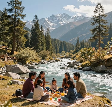 A professional photograph of a happy South Asian family enjoying a scenic picnic by a crystalline river in a valley near Manali. Pine forests and tall mountains under a bright, sunny blue sky. Rich gold sunlight, soft natural colors including forest greens, steel blue water, and warm earthy tones. Genuine smiles, lifestyle shot.