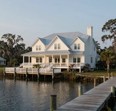 A serene coastal property in the North American / Southern US region. A beautiful Lowcountry-style home with large windows and a tin roof, sitting beside a calm waterway. A private wooden dock extends into the water. The scene is illuminated by the soft morning light, featuring Pale Mist White and Muted Slate Blue tones in the environment.