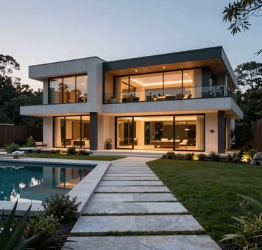 A sleek, contemporary luxury home in the North American / Southern US at twilight. The structure features clean lines, expansive glass walls, and warm internal lighting. A manicured garden with pale mist colored stone paths surrounds a minimalist pool area.