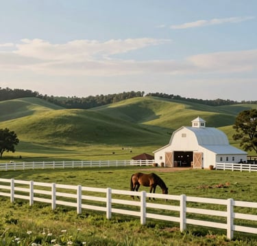 A lush equestrian estate in the North American / Southern US. Rolling green hills meet a soft powder blue sky. A white wooden fence borders a paddock where a horse grazes near a classic barn. The style is elegant and inviting with natural morning lighting.