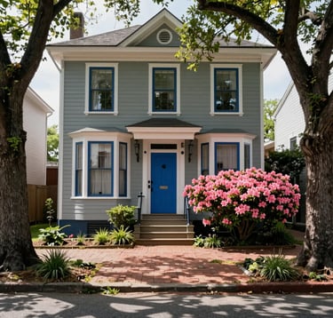 A charming historic residential street in the North American / Southern US. The scene features a perfectly restored Victorian home with a deep ocean blue front door and flowering pink azaleas. Dappled sunlight filters through grand trees onto a brick sidewalk.