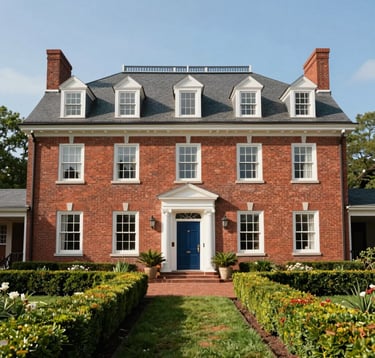 A stately red-brick colonial manor house in a North American / Southern US setting. The house features a symmetrical facade with white trim and a grand entrance. The garden is perfectly manicured with boxwood hedges. Captured in clear, bright daylight with a Deep Navy Blue door as a focus point.