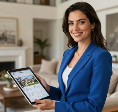 A professional photograph of a woman in a smart Steel Blue blazer, smiling warmly in a sophisticated North American / Southern US interior setting. She is holding a tablet showing a property listing, with a blurred background of a modern, airy living room.