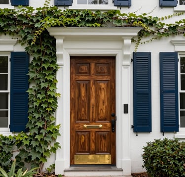 An architectural detail shot of a historic North American / Southern US estate's entrance, featuring a heavy mahogany door and polished brass fixtures. The walls are a crisp Cloudy Off-White, accented by Deep Navy Blue shutters and lush green ivy.