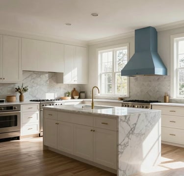 A bright, airy interior of a high-end North American / Southern US home featuring an open-concept kitchen with Cloudy Off-White cabinetry and a large marble island. Soft natural light pours in from tall windows, highlighting Soft Steel Blue decor accents.