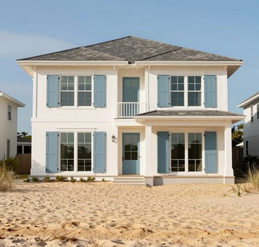 A bright, airy photograph of a luxury beachfront home in the North American / Southern US. The architecture is modern with traditional influences, featuring large glass windows and muted steel blue shutters. The Atlantic coastline and golden sand are visible in the background under clear light.