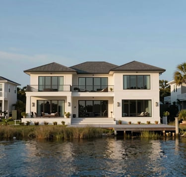 A luxurious waterfront property in a North American / Southern US coastal town, featuring expansive wrap-around decks and large windows reflecting a Muted Slate Blue sky. The architecture is sophisticated and modern, set against a backdrop of soft seagrass and Soft Steel Blue water.