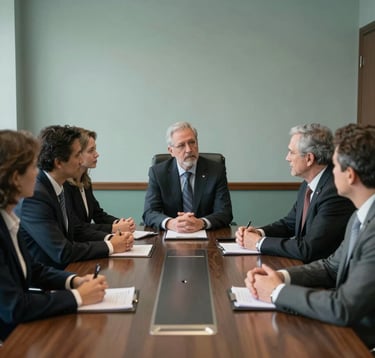 A group of professional leaders in a North American / US boardroom, engaged in a disciplined and thoughtful discussion. The room is designed with Muted Emerald and Soft Mist accents, projecting gravitas and responsibility.