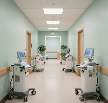 A serene and modern North American / US healthcare center interior, showing a quiet corridor with high-end medical equipment. The lighting is bright and clean, incorporating Soft Mist and Dusty Sage colors.