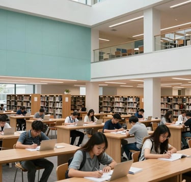A bright, modern North American / US university library interior. Students are studying in a disciplined environment. The lighting is crisp, and the interior accents include muted turquoise and pale mint white. The scene reflects intellectual advancement and order.
