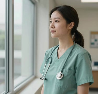 A healthcare provider in a professional North American / US clinic, looking out of a window with a steady, compassionate gaze. The environment is orderly and clean, featuring muted sage and soft pearl colors.