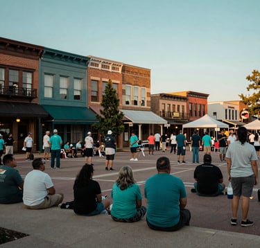 A public square in a North American / US town where citizens are gathered for a community event. The scene is orderly and inspiring, with architectural details in Deep Forest Teal and a soft, warm late-afternoon glow.