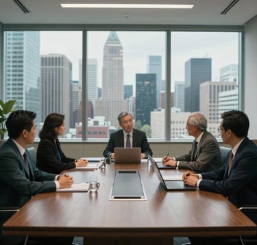 A sophisticated North American / US corporate boardroom with a large oak table, overlooking a bustling metropolitan skyline through floor-to-ceiling windows. The mood is distinguished and influential, featuring tones of Forest Teal and Pearl Mist.