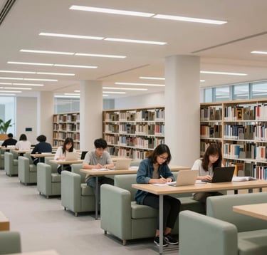 A clean, modern North American academic library interior with students studying quietly. The lighting is bright and intellectual. Soft pearl surfaces are accented by muted sage furniture.