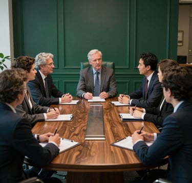 A professional setting in a North American / US boardroom where leaders are engaged in a serious but collaborative discussion. The room features high-quality dark emerald green furniture and polished wood. The atmosphere is distinguished and focused on accountability and governance.