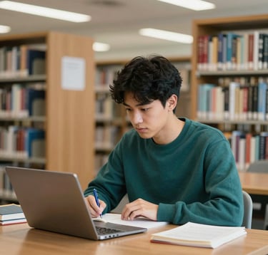 A focused North American / US student studying in a modern, well-lit university library. The composition is clean and academic, with wooden textures and accents of Deep Forest Teal and Dusty Sage in the environment.