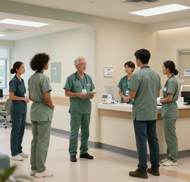 A clean, modern North American / US healthcare facility where staff interact with professionalism and care. The environment is calm and stable, featuring dusty sage and soft alabaster accents. The composition focuses on the intersection of human well-being and institutional order.