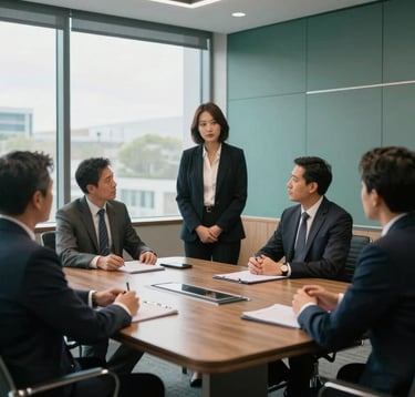 Professional leadership team engaged in a focused discussion in a modern North American boardroom with large windows. The atmosphere is serious yet collaborative. The room is decorated in slate teal and deep forest green tones.