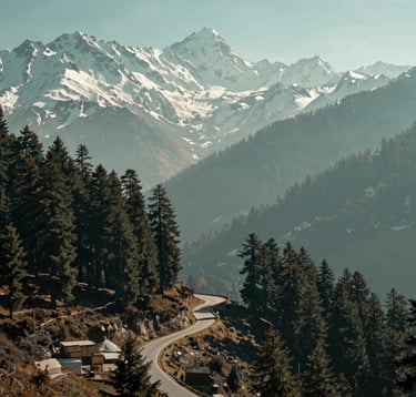 A breathtaking landscape of the snow-capped Himalayan mountains in Manali, South Asian / Indian region, with a winding road through deep pine forests, crisp morning light, muted teal and sage green atmosphere.