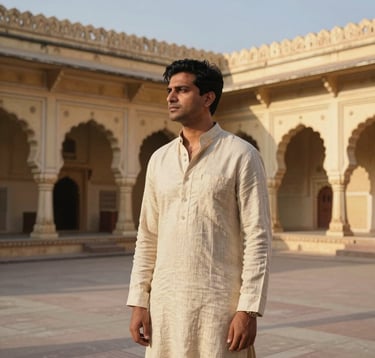 A sophisticated South Asian travel expert standing in a courtyard of a grand Udaipur palace, wearing elegant linen clothing, golden hour lighting, architectural arches in the background.