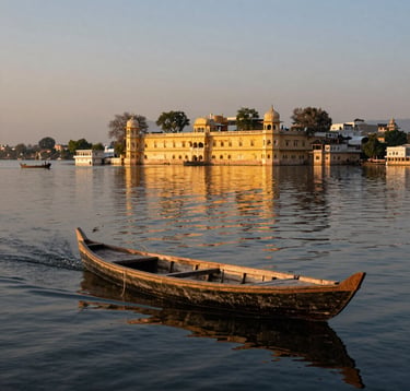 A wide shot of a traditional wooden boat gliding across the calm waters of Lake Pichola in Udaipur, South Asian / Indian setting, warm golden sunset light reflecting off the City Palace in the distance, champagne and dark blue tones.
