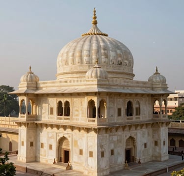 A high-angle architectural photograph of the white marble domes and intricate balconies of the City Palace in Udaipur, South Asian / Indian heritage style, clear sky, sophisticated morning lighting, ivory and champagne gold details.