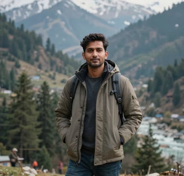 A portrait of a professional South Asian travel guide in stylish winter attire standing against the backdrop of a pine-covered valley in Manali, soft daylight, adventurous spirit.