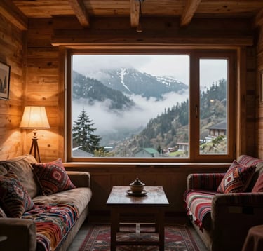 A cozy, luxurious wooden cottage interior with a large window looking out onto a misty mountain valley in Manali, South Asian / Indian textiles on the furniture, soft warm lamp lighting, serene and inviting mood.