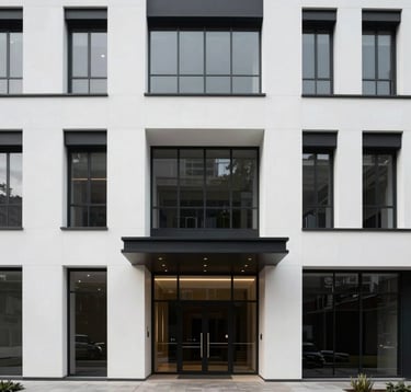 An architectural eye-level shot of a modern facade in a South American / Ecuadorian urban project. Minimalist white and black materials, sharp corporate geometry, and subtle gold accent lighting on the entrance. The scene feels secure and professional.