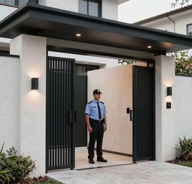 A sleek, modern security gatehouse of a luxury South American / Ecuadorian residential project. Minimalist architecture with white stone and black metal accents. A professional security officer in a corporate uniform standing in a well-lit, elegant environment.