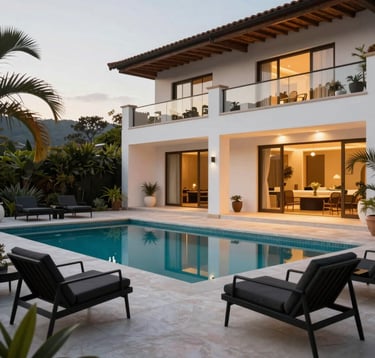 A professional wide-shot photograph of a private outdoor terrace in a South American / Ecuadorian luxury residence. Features minimalist black outdoor furniture, a pristine swimming pool reflecting the white architecture, and gold-hued evening lighting. The composition is balanced and elegant.