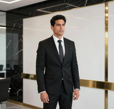 A confident professional man in a sharp black suit standing in a contemporary South American / Ecuadorian office setting. High-end interior with white walls, black marble, and gold metallic accents.