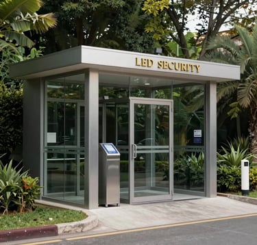 A professional security entrance to a luxury gated community in Ecuador. Features a minimalist guard station with glass and steel, and elegant gold-lettered signage. The environment is clean, lush, and conveys absolute peace and protection.