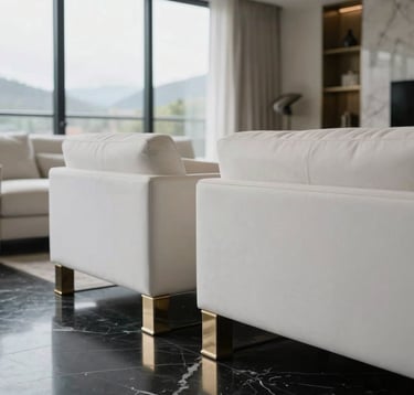 Close-up interior photography of a luxury living room in a South American / Ecuadorian penthouse. Minimalist white furniture, deep black marble flooring, and polished metallic gold decorative elements. Natural soft light pouring through floor-to-ceiling windows.