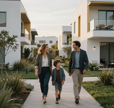 A medium shot of a sophisticated family walking happily through a beautifully landscaped pedestrian path in a modern Ecuadorian residential complex. Soft morning sunlight highlights the minimalist architecture in the background, featuring white facades and gold metallic details.