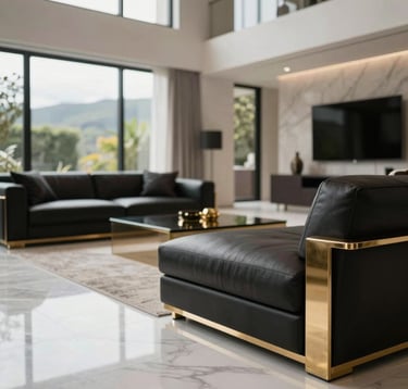 A close-up interior photograph of a luxury living room in a South American / Ecuadorian mansion. White marble flooring, minimalist black leather seating, and gold metallic decor. Soft natural light streams through huge windows, creating a professional and sophisticated ambiance.
