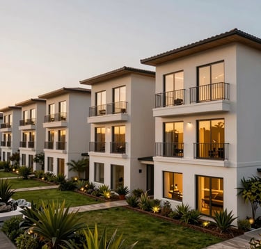 A wide-angle professional photograph of a modern housing complex in a prestigious South American / Ecuadorian neighborhood. The buildings feature soft off-white walls, black steel railings, and gold-tinted window glass. Lush green landscaping and warm evening lighting.