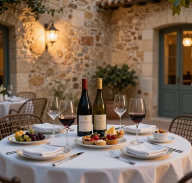 An elegant outdoor terrace setting in a Mediterranean garden, featuring a table with local French delicacies, wine, and warm evening lighting, sand-colored stone walls in the background, professional lifestyle photography.