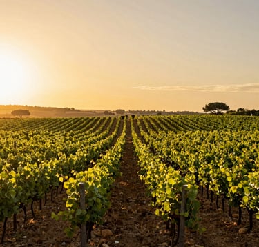 Vast sun-drenched vineyards near Pezenas, straight rows of green vines under a golden sunset, Southern European landscape, professional photography.