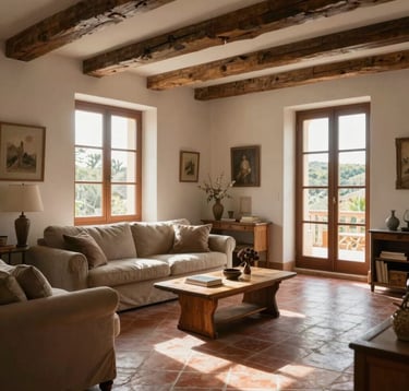 Interior of a refined Southern European living room in Pézenas, featuring rustic wooden accents, terracotta floor tiles, and large windows with soft morning light, professional photography style.