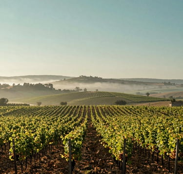 A serene view of rolling vineyards in the Languedoc countryside near Pezenas, morning mist, soft muted teal sky, professional photography capturing the vast and peaceful Southern European landscape.
