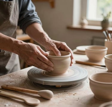 Close-up photography of a traditional artisan workshop in Pezenas, showing handcrafted pottery and wooden tools on a workbench, natural soft lighting through a window, elegant and authentic French regional style.