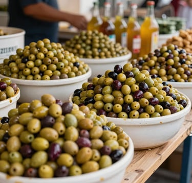 A traditional market stall in Pezenas showing fresh regional olives and local produce, authentic Southern European outdoor setting, vibrant and elegant lighting.