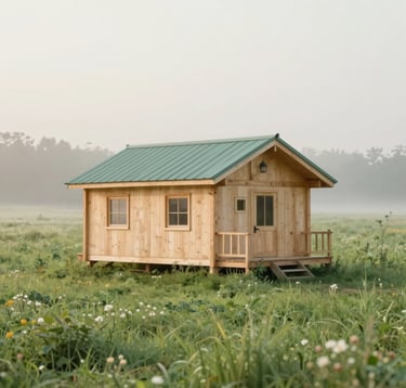 A quaint, sustainable wooden cabin situated in a lush green meadow, surrounded by a soft morning haze. The scene uses natural wood tones, sage greens (#B2CAA8), and highlights of cream (#F5F3ED). The perspective is inviting and peaceful.