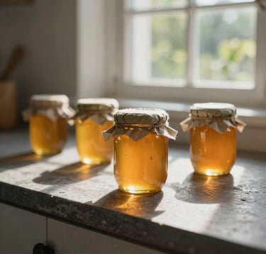 Close-up of artisanal honey jars on a rustic stone counter in a sun-drenched kitchen. The golden honey glows against the dark #1A2E2C shadows. Soft garden foliage is visible through a window in the background.