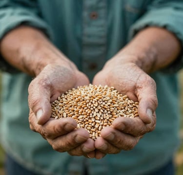 A close-up of a farmer's weathered hands holding a harvest of organic heirloom grains. The image uses a palette of earthy browns, sage greens (#B2CAA8), and deep teal (#5C8B7E) for the background foliage, captured in high-quality detail.